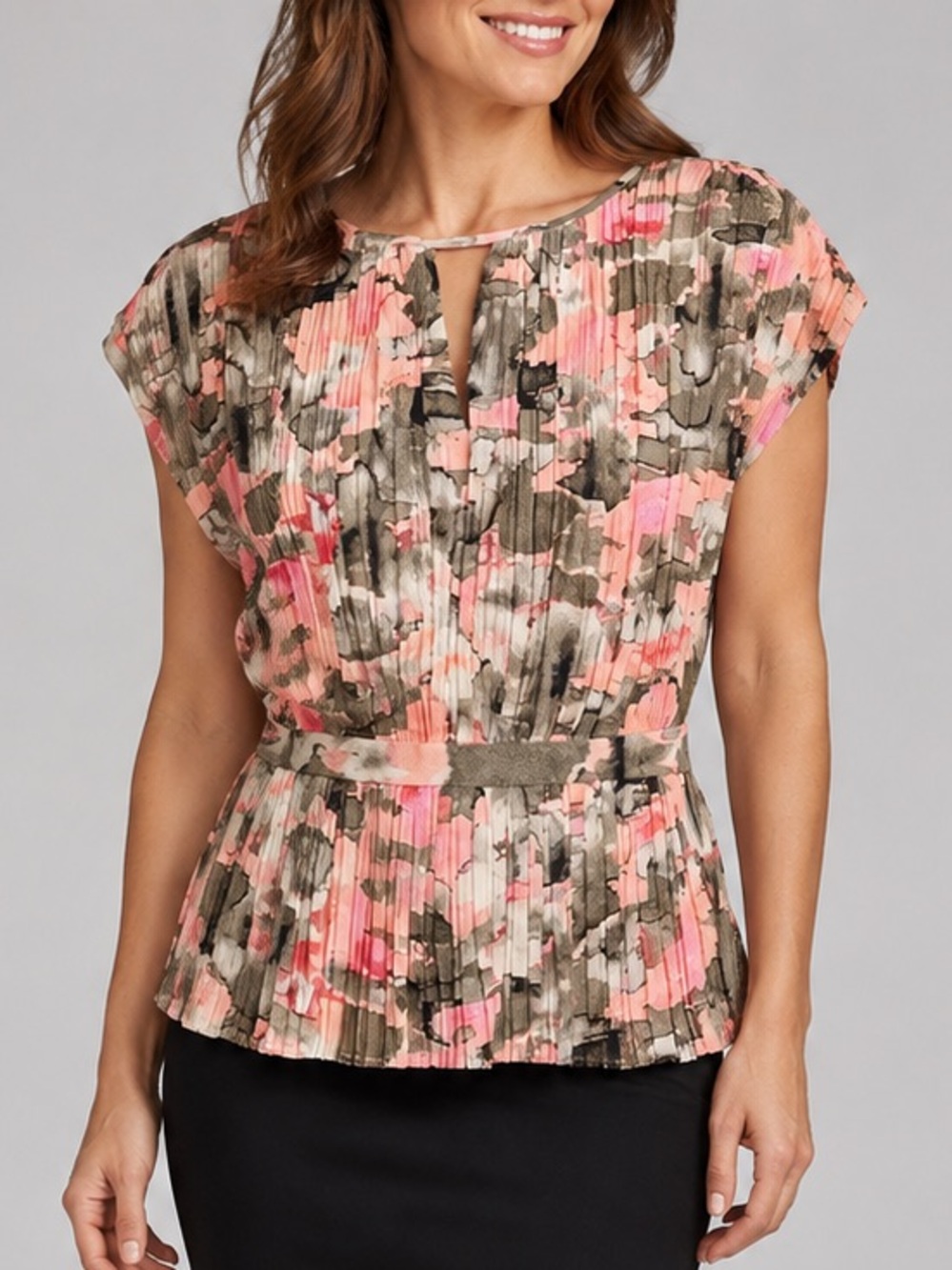 🆕🌸 DKNY Pleated Abstract Floral Peplum Blouse Keyhole Top Size M Office Chic